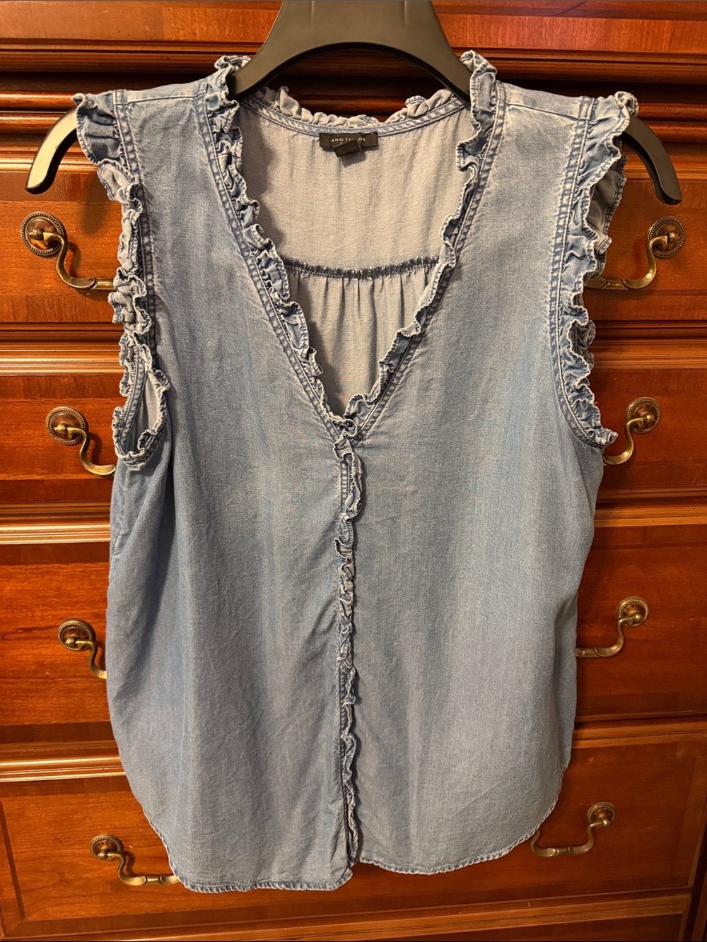 LOFT Light Blue Ruffle-Trim Denim-Look Sleeveless Top
